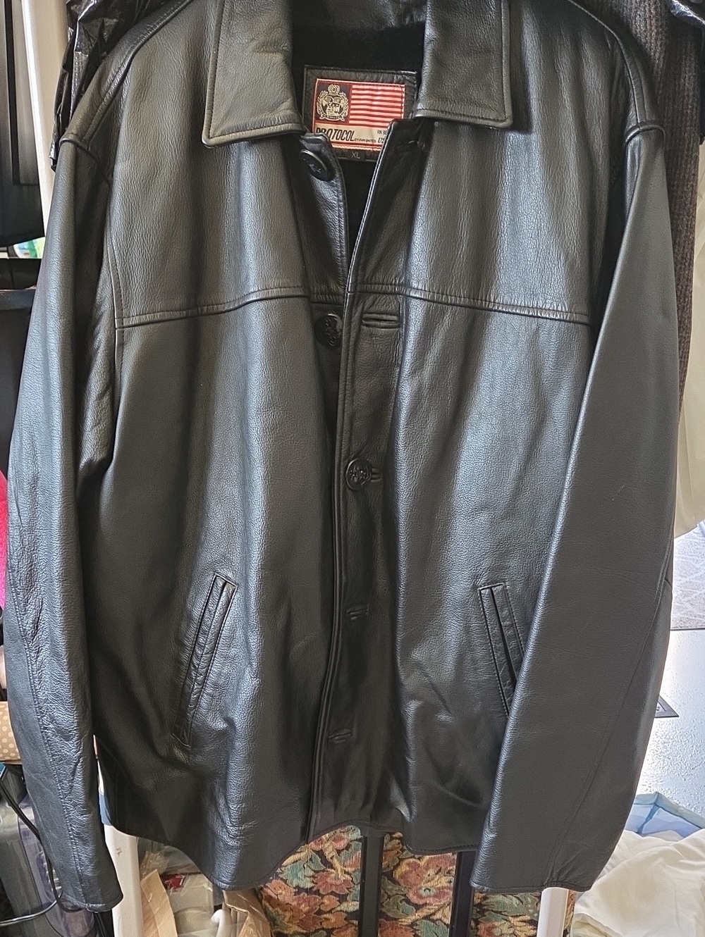 Men's Black Leather Jacket A removable Fleece Vest - Classic Button-Front